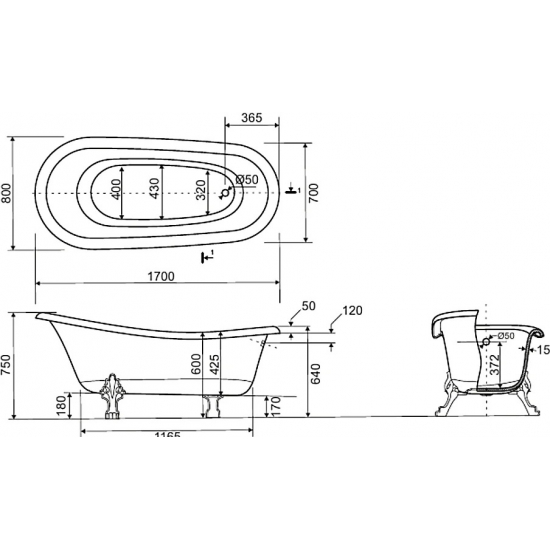 Ванна из литьевого мрамора ЭСТЕТ Марсель ФР-00006516 170x80 см, овальная, с ножками, фурнитура белая