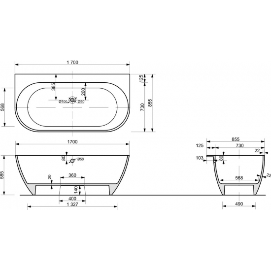 Ванна из литьевого мрамора ЭСТЕТ Майами ФР-00010630 170x85 см