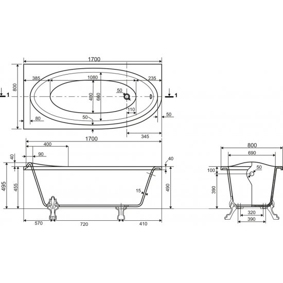 Ванна из литьевого мрамора ЭСТЕТ Венеция ФР-00002045 R без опоры 170x80 см, асимметричная