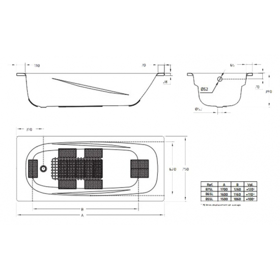 Ванна стальная BLB Universal Anatomica HG 170x75 см, толщ. 3.5 мм с отверстиями для ручек, с ножками