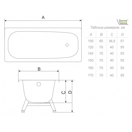 Ванна стальная ДОННА ВАННА 105x65 см, толщина 2 мм, с ножками