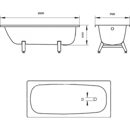 Ванна стальная ДОННА ВАННА 150x70 см, толщина 2 мм, с ножками