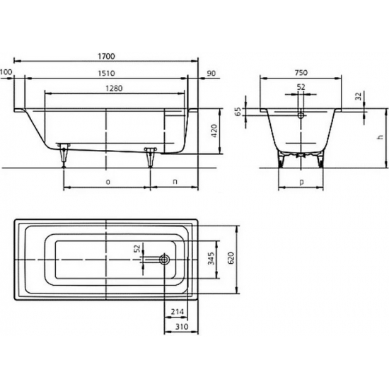 Ванна стальная KALDEWEI Ambiente Puro 652 170x75 см, с ножками, с самоочищающимся покрытием