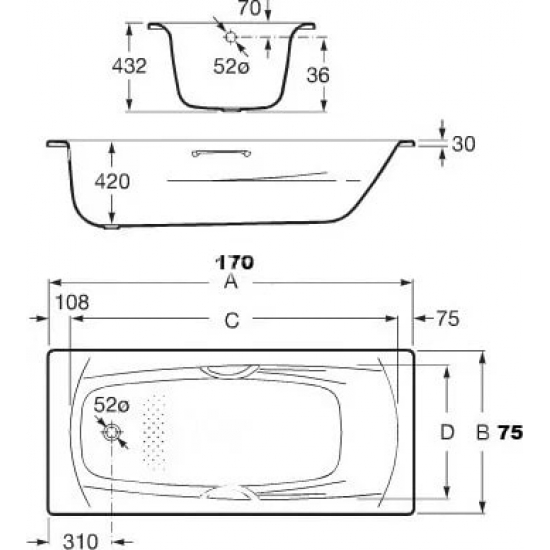 Ванна стальная ROCA Swing 170x75 толщина 2,5 мм