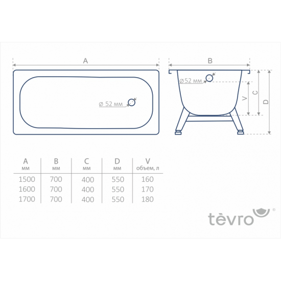 Ванна стальная TEVRO 170x70 см, белый лотос толщина 2.7 мм, с ножками