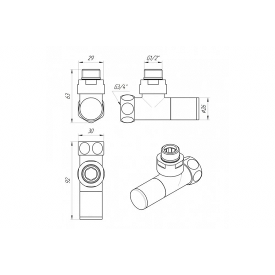 Вентиль запорный для полотенцесушителя VIEIR VR2034 3/4"х1/2" г-ш угловой, колпачек 1шт