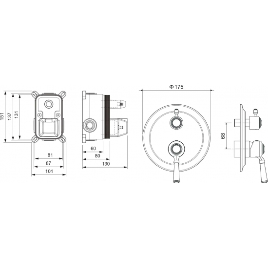 Встраиваемый смеситель для душа и ванны AQUATEK Классик AQ1546PG С ВНУТРЕННЕЙ ЧАСТЬЮ, золото