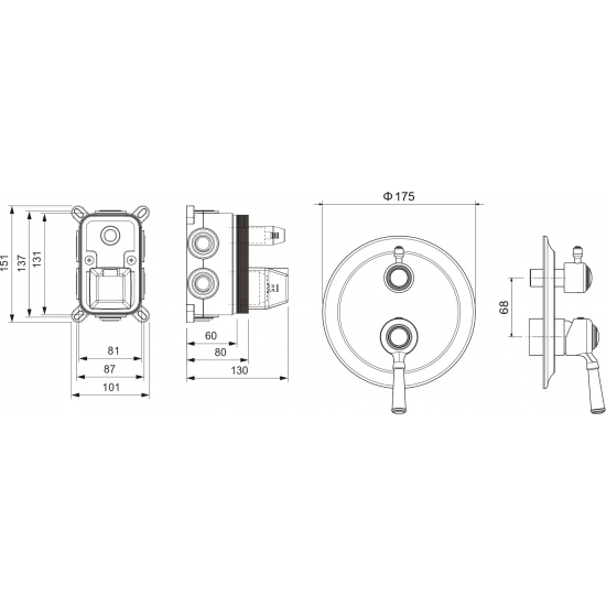 Встраиваемый смеситель для душа и ванны AQUATEK Классик AQ1547CR С ВНУТРЕННЕЙ ЧАСТЬЮ, 3 режима, хром