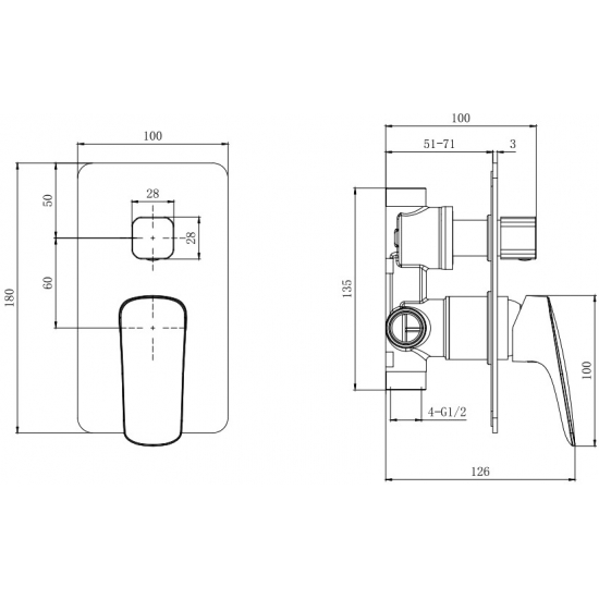 Встраиваемый смеситель для душа и ванны AQUATEK Вега AQ1046CR С ВНУТРЕННЕЙ ЧАСТЬЮ, хром