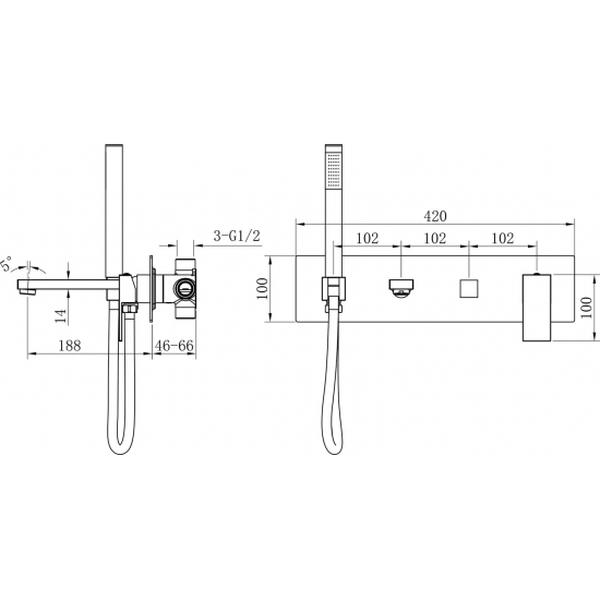 Встраиваемый смеситель для душа и ванны BOHEME Qubic 474-2-SGM С ВНУТРЕННЕЙ ЧАСТЬЮ, shinny gun metal