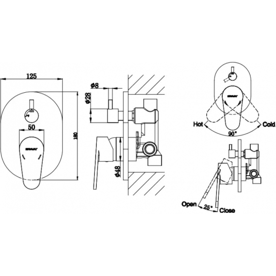 Встраиваемый смеситель для душа и ванны BRAVAT Eler FB848238CP-2-RUS С ВНУТРЕННЕЙ ЧАСТЬЮ