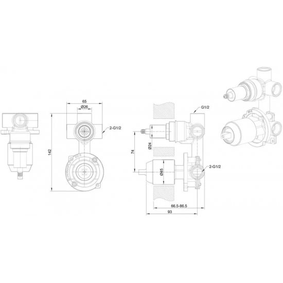Встраиваемый смеситель для душа и ванны BRAVAT Rhein PB8429564BW-3-ENG, С ВНУТРЕННЕЙ ЧАСТЬЮ, чёрный