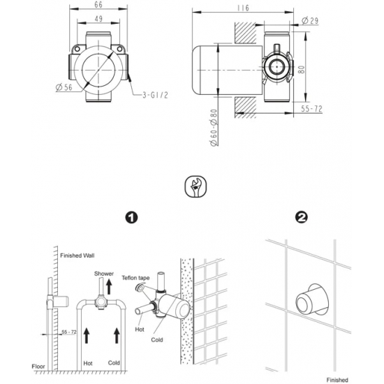 Встраиваемый смеситель для душа и ванны BRAVAT Rhein PB8429564CP-ENG С ВНУТРЕННЕЙ ЧАСТЬЮ