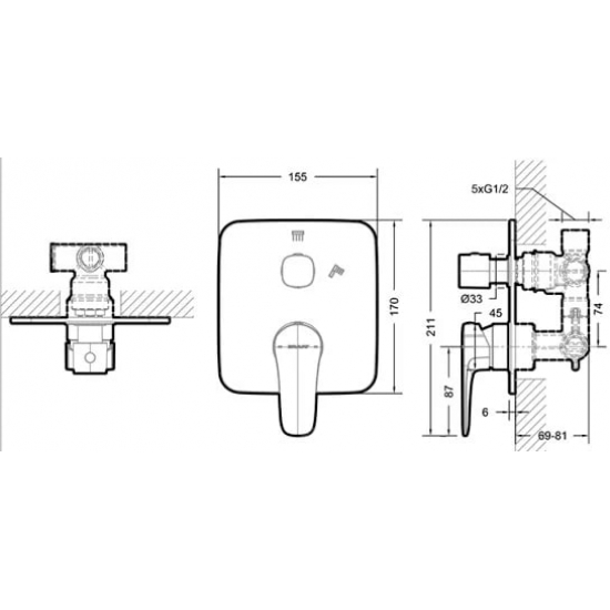 Встраиваемый смеситель для душа и ванны BRAVAT Source PB8173218CP-2-ENG хром