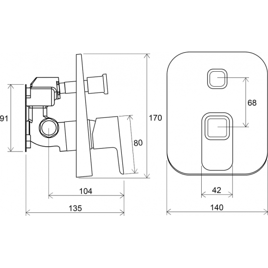 Встраиваемый смеситель для душа и ванны RAVAK 10° TD 065.00 хром