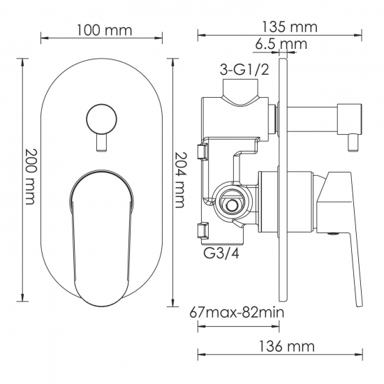 Встраиваемый смеситель для душа и ванны WASSERKRAFT Donau 5341 С ВНУТРЕННЕЙ ЧАСТЬЮ, хром