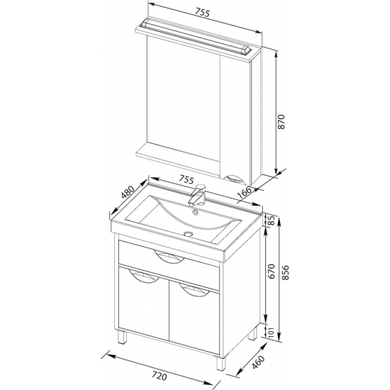 Зеркало-шкаф AQUANET Гретта 75 светлый дуб, с подсветкой
