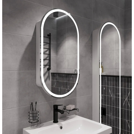 Зеркало-шкаф STWORKI Мальмё МВК074 45, с подсветкой, белый, прямоугольный, навесной, овальный