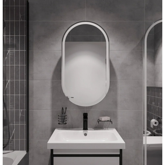 Зеркало-шкаф STWORKI Мальмё МВК074 45, с подсветкой, белый, прямоугольный, навесной, овальный