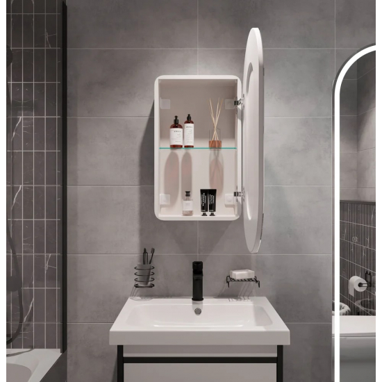 Зеркало-шкаф STWORKI Мальмё МВК074 45, с подсветкой, белый, прямоугольный, навесной, овальный