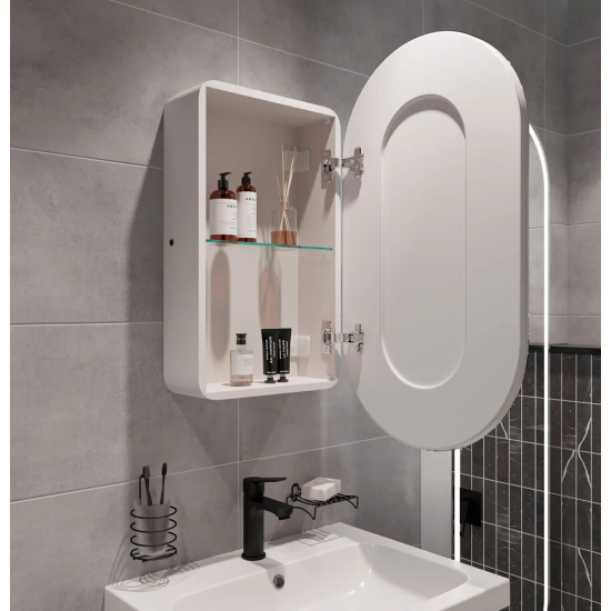 Зеркало-шкаф STWORKI Мальмё МВК074 45, с подсветкой, белый, прямоугольный, навесной, овальный