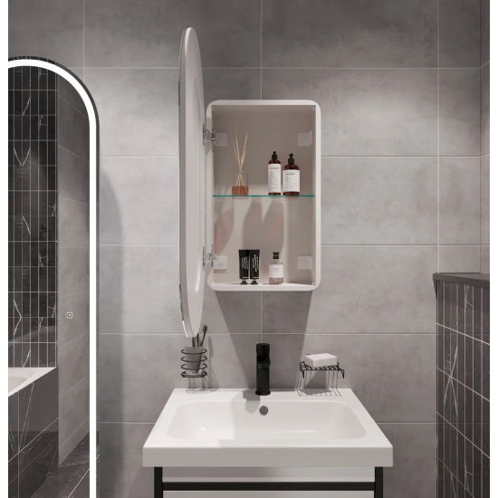 Зеркало-шкаф STWORKI Мальмё МВК074 45, с подсветкой, белый, прямоугольный, навесной, овальный