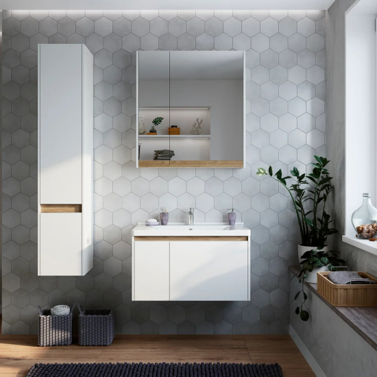 Зеркало-шкаф STWORKI Стокгольм 80 , навесной, белый, под дерево, квадратный